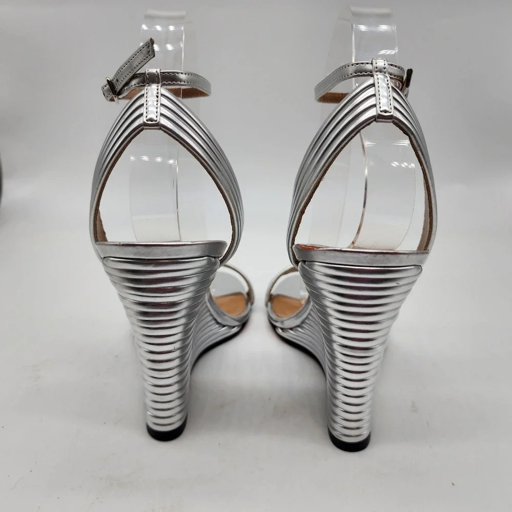 Aquazzura Wow 95 MM Metallic Silver Wedge Sandals EU 37 US 7 Ankle Strap Heels